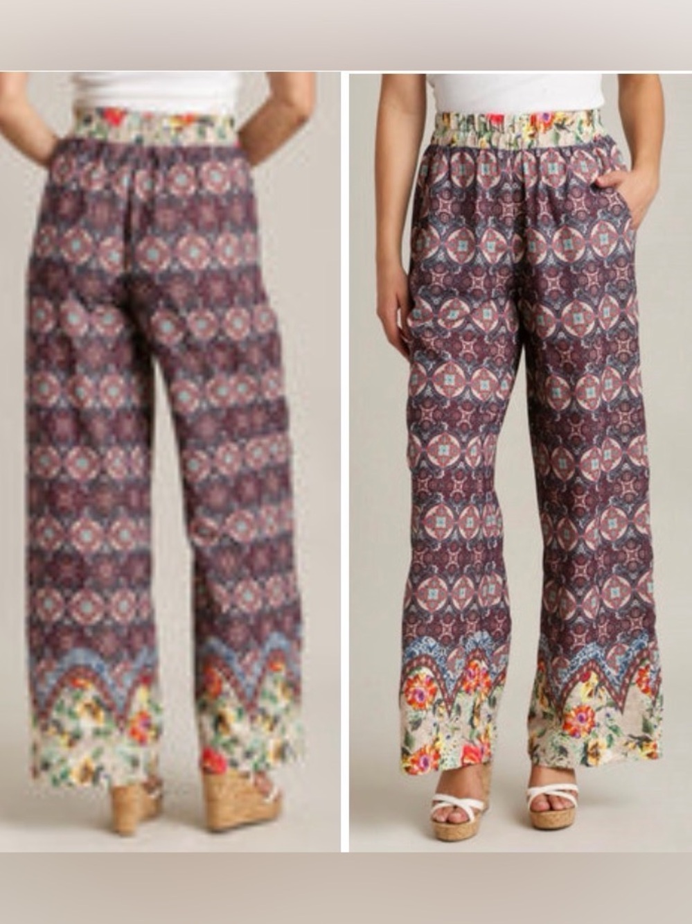 NEW Umgee USA Wide Leg Mosaic Print Pants Womens Small Boho Paisley Floral
